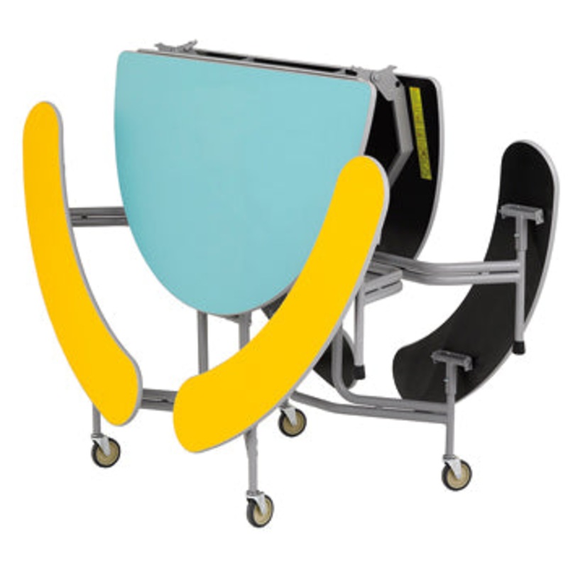 TABLE AND SEATING UNITS, 8 – 12 SEAT OVAL GRADUATE BENCH UNIT, Table Top Blue, Yellow Bench, 660mm height