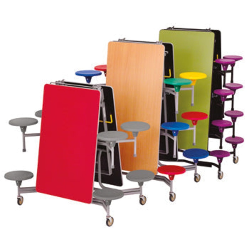 TABLE AND SEATING UNITS, 8 SEAT RECTANGULAR TABLES, Table Top Red, Grey Seats, 690mm height
