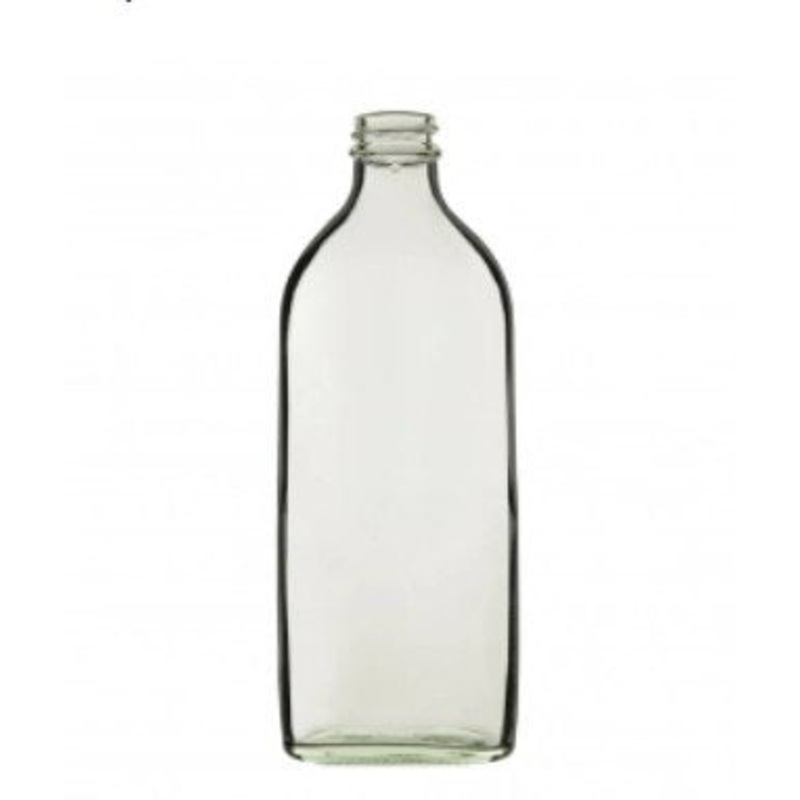 Bottle, Medical Flat (Sloping Shoulder) Clear Glass, Black Cap, Thread R3/28, 200ml (Pack 20)