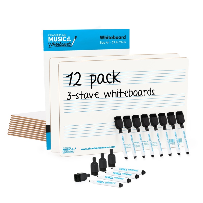 A4 mini dry-wipe music whiteboard with 3 pre-printed staves – 12 pack