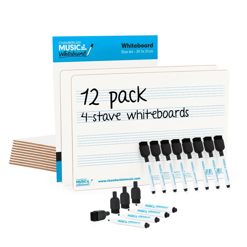 A4 mini dry-wipe music whiteboard with 4 pre-printed staves – 12 pack