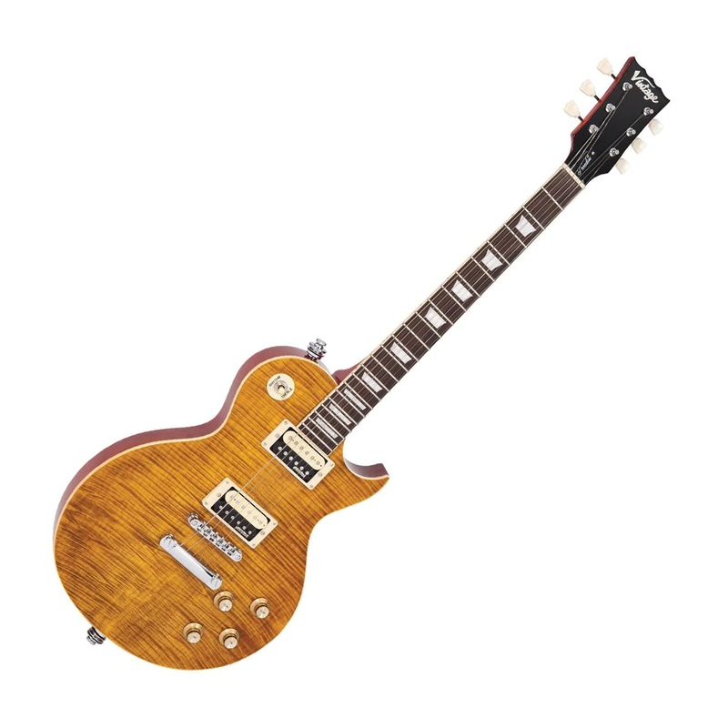 Vintage V100 Reissued electric guitar – Flamed Amber