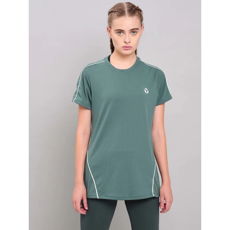 Women Self Design Slim Fit Crew Neck T-shirt with TECHNO COOL+