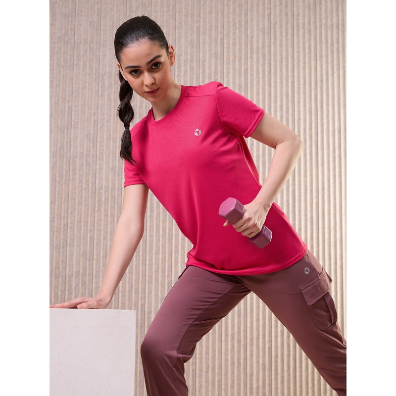 Women Solid Slim Fit Crew Neck T-shirt with TECHNO COOL+