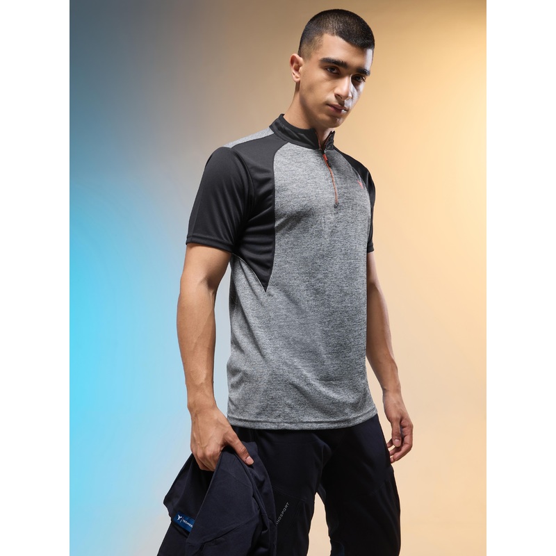 Men Melange Slim Fit Mock Neck T-shirt with TECHNO COOL+