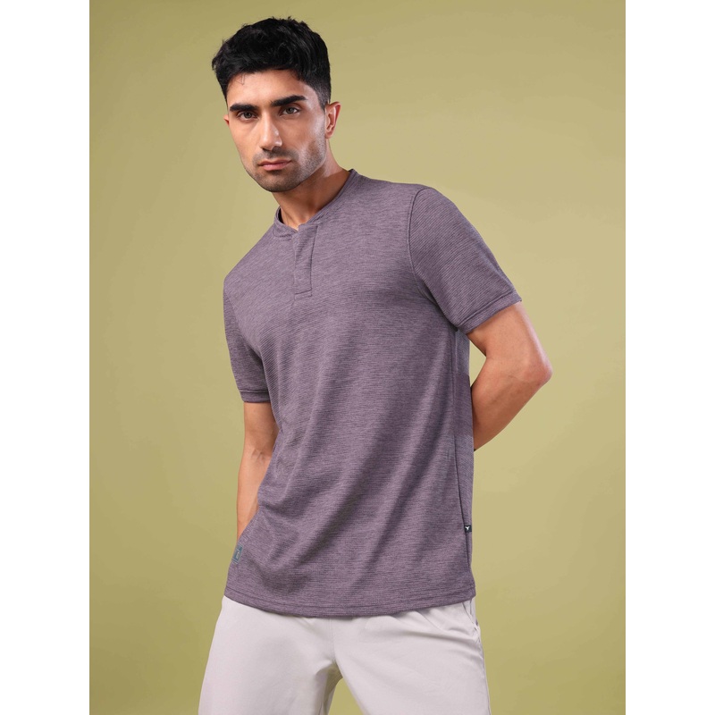 Men Cubic Melange Slim Fit Henley Neck Sports T-shirt with DOUBLE COOL