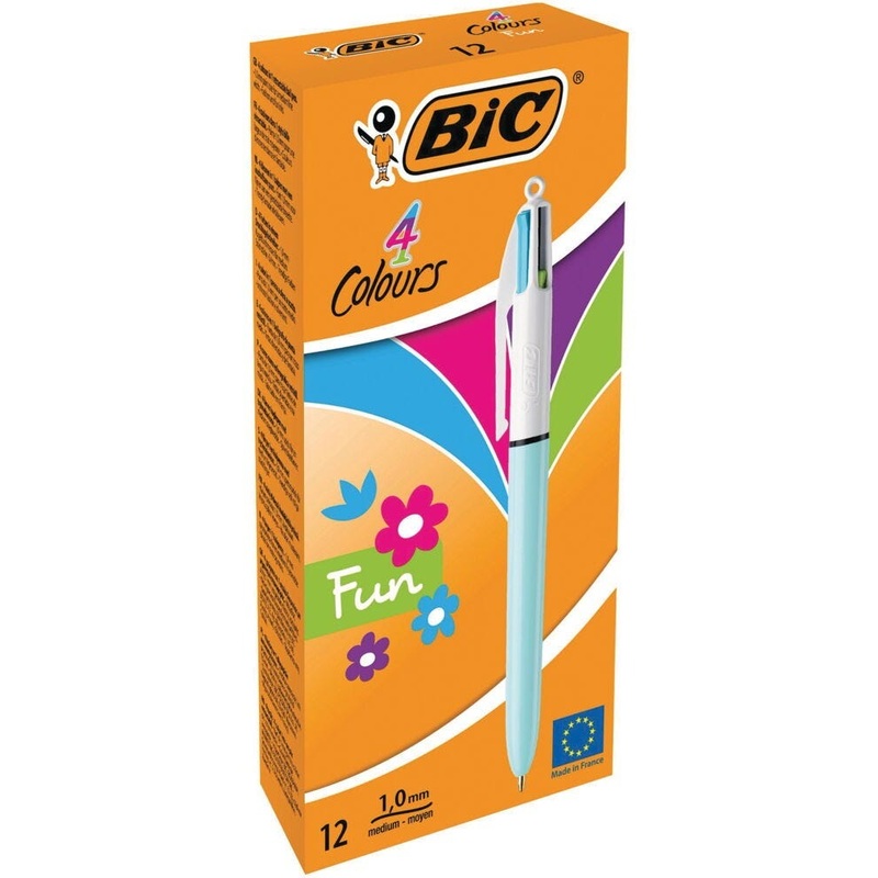 BiC 4 Colour Retractable Ballpoint Pen, Light Blue, Box of 12