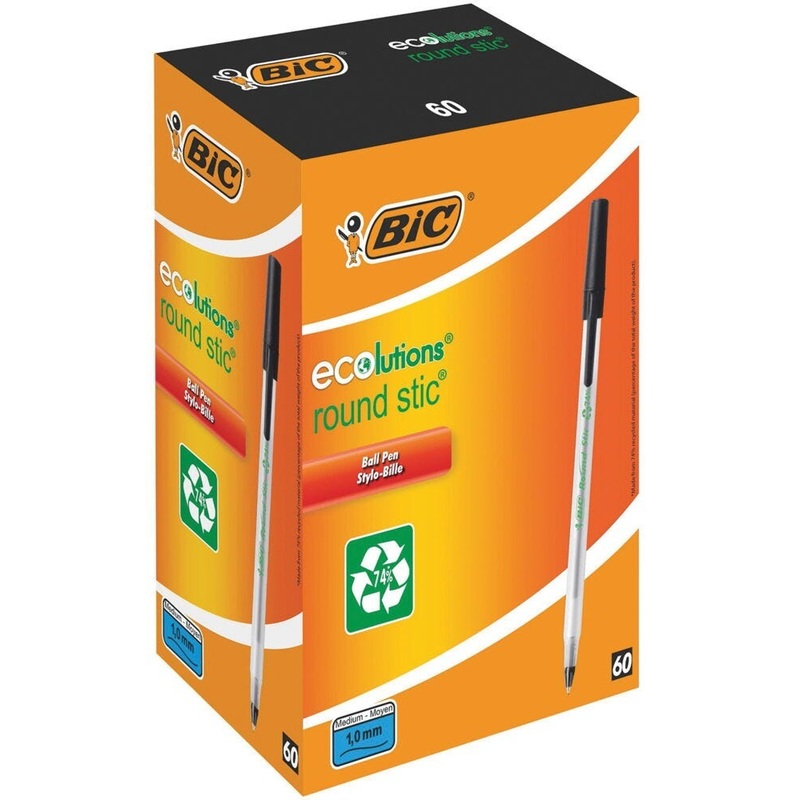 BiC ECOlutions Round Stic Ballpoint Pen, Black, Box of 60