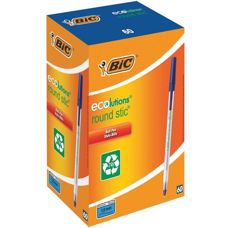 BiC ECOlutions Round Stic Ballpoint Pen, Blue, Box of 60