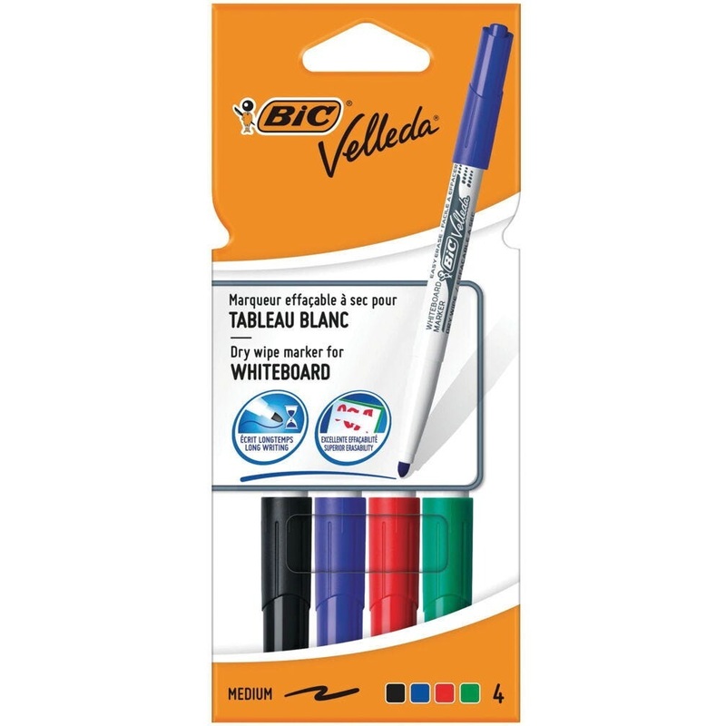 BiC Velleda 1741 Drywipe Pens, Medium barrel, Assorted, Pack of 4