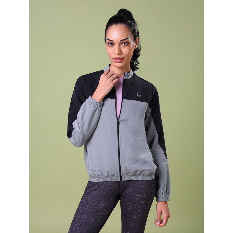 Women Colorblock Slim Fit Mock Neck Sports Jacket with TECHNOLITE