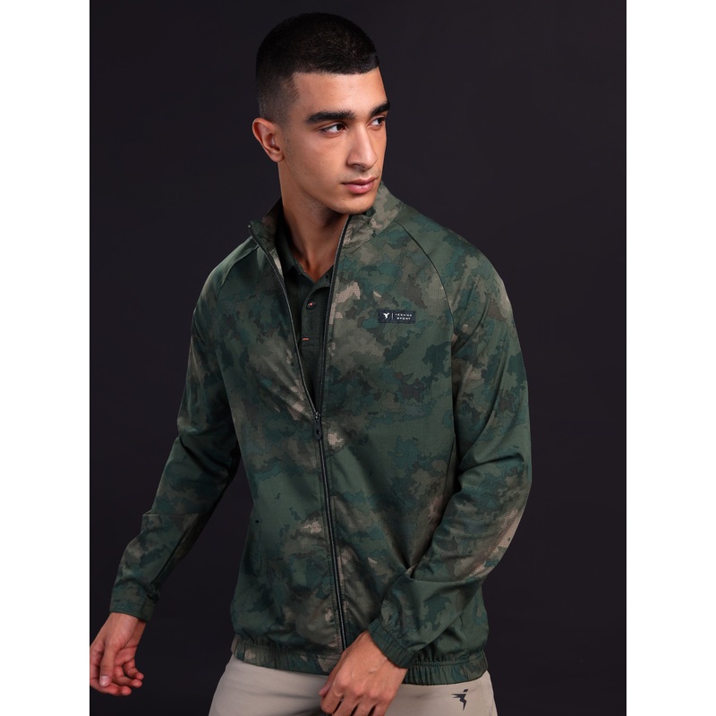 Men Printed Slim Fit Mock Neck Jacket with TS FLEXI