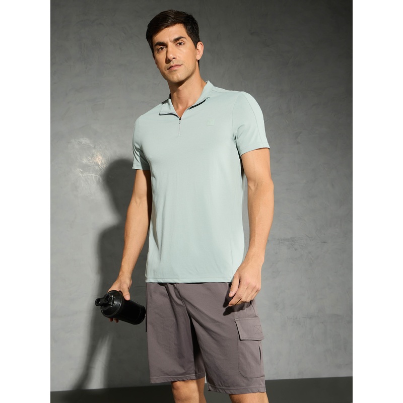 Men Solid Slim Fit Mock Neck T-shirt with COTFLEX