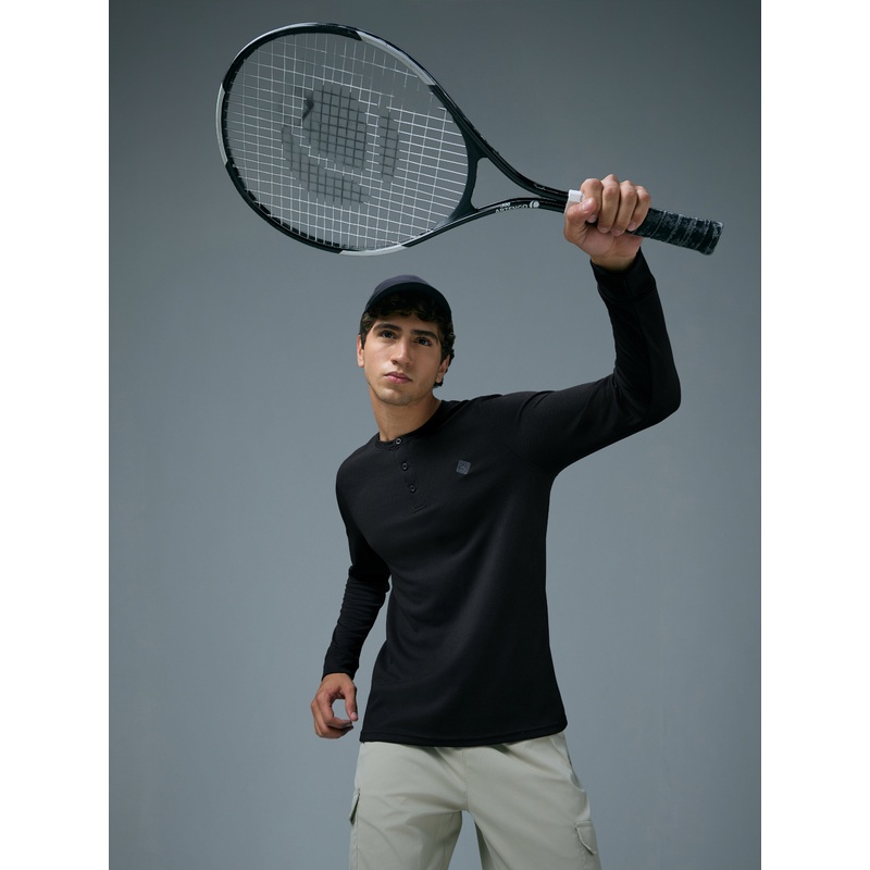 Men Self Design Slim Fit Henley Neck Sports T-Shirt with TECHNOCOOL+