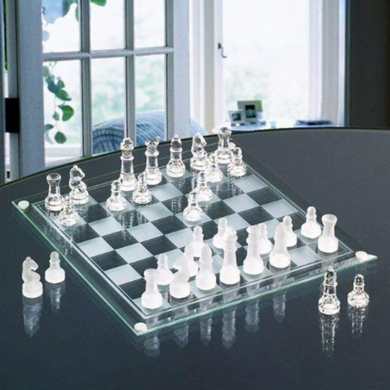 Glass Chess Board Game Set with Frosted Clear pcs