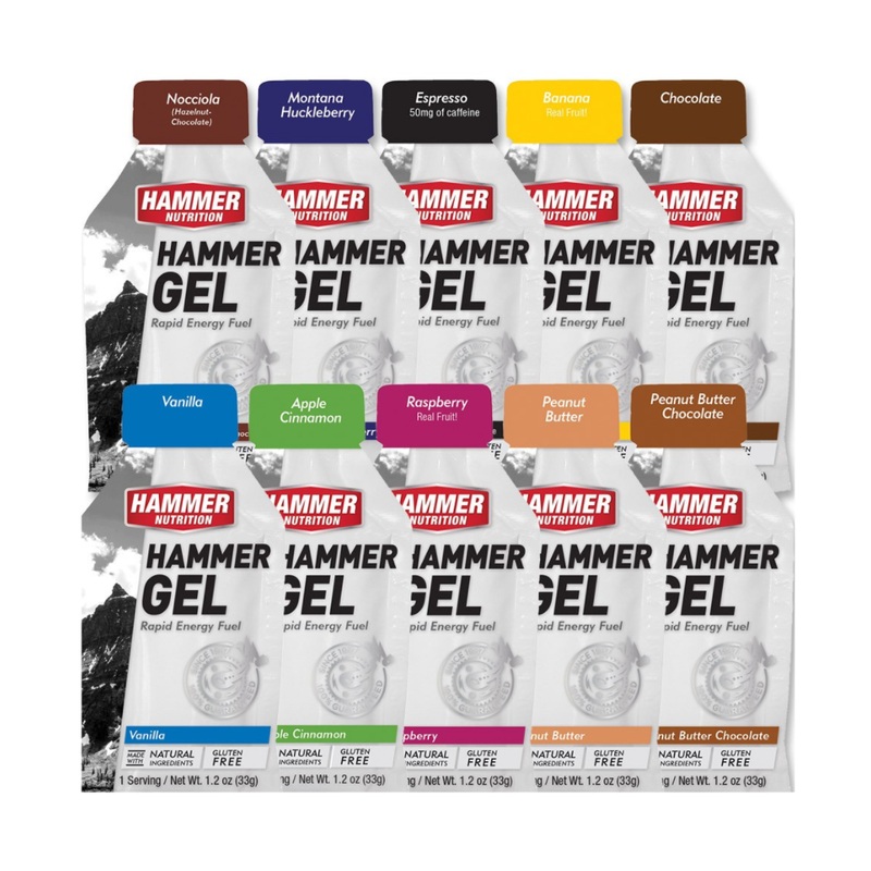 Hammer Gels|Raspberry|Chocolate|Banana|Apple Cinnamon|Peanut Butter Chocolate|Montana Huckleberry|Espresso|Vanilla