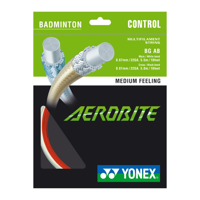 Yonex BG Aerobite Badminton String Set of White/Red Main 0.67mm 22ga Cross 0.61 22ga