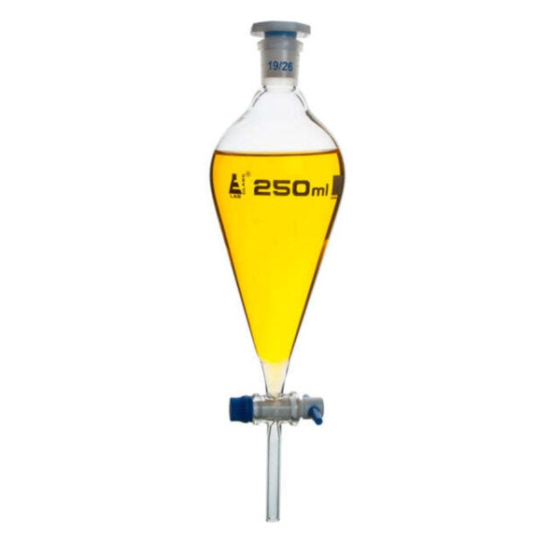 Glass Squibb Separating Funnel 19/26 with interchangeable plastic stopper and PTFE stopcock – 250mL x 2pcs