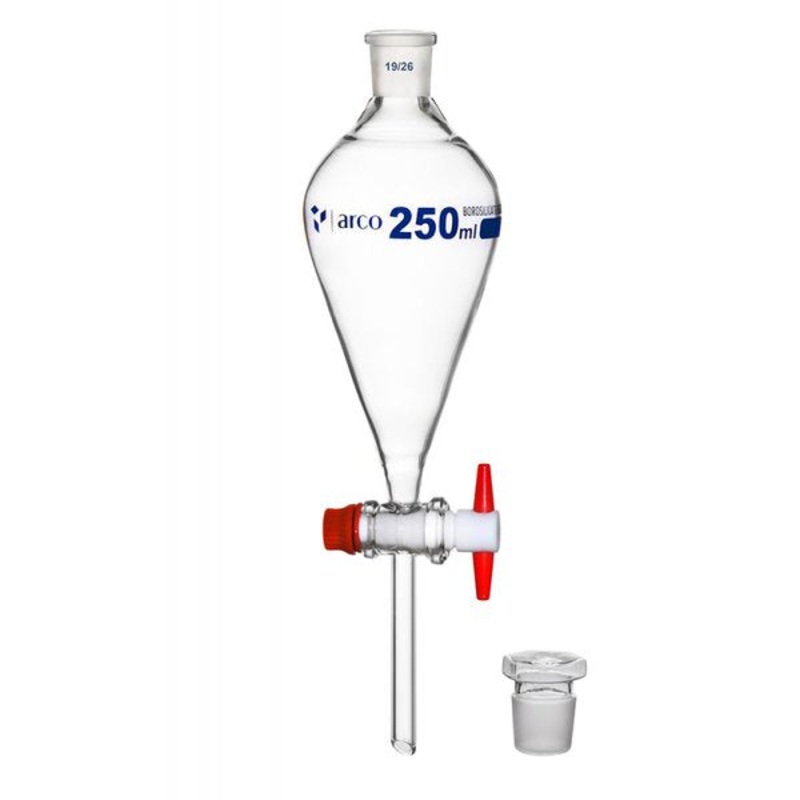 Glass Squibb Separating Funnel 29/32 with interchangeable plastic stopper and PTFE stopcock – 1L x 2pcs