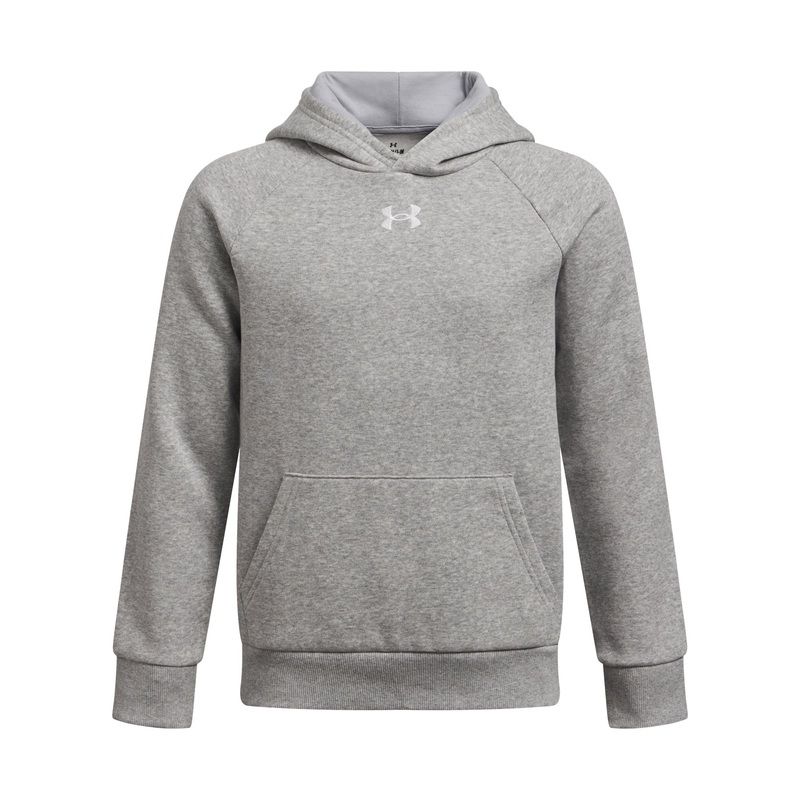 UA Rival Fleece Hoodie Junior|Mod Grey Light Heather/White|YS 8-10Yr|YM 10-12Yr|YL 12-13Yr|YXL 13-15Yr