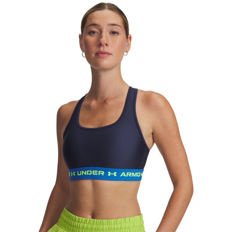 UA Mid Crossback Sports Bra|Washed Navy/Blue Atlantis/High Viz Yellow|X-Small|Small|Medium|Large