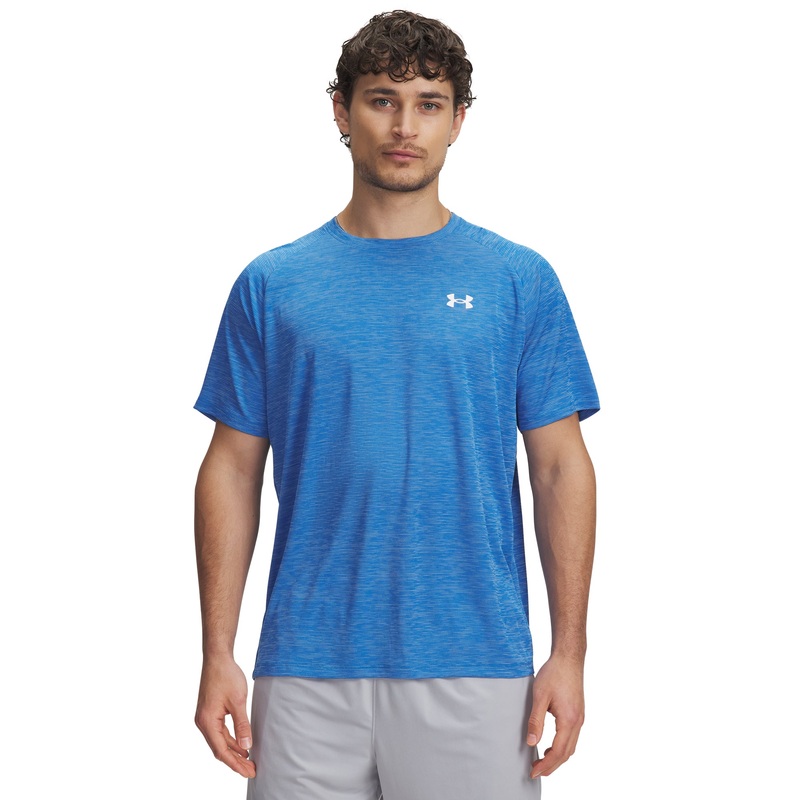 UA Tech Textured SS Tee Shirt|Blue Atlantis/White|Small|Medium|Large|X-Large|2X-Large