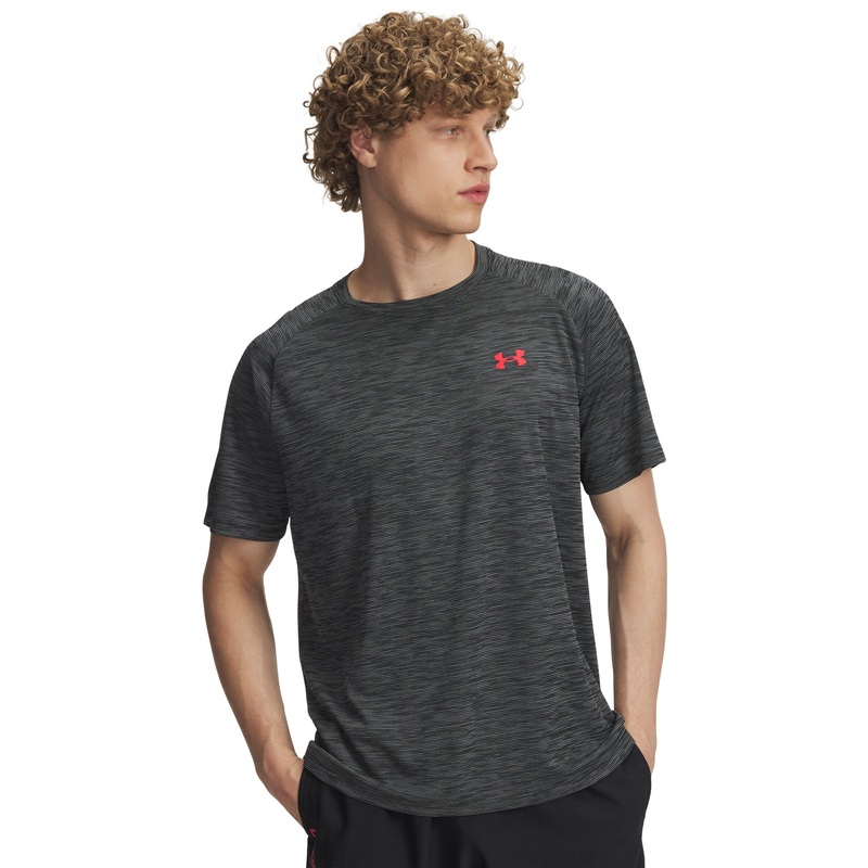 UA Tech Textured SS Tee Shirt|Black/Racer Red|Small|Medium|Large|X-Large|2X-Large
