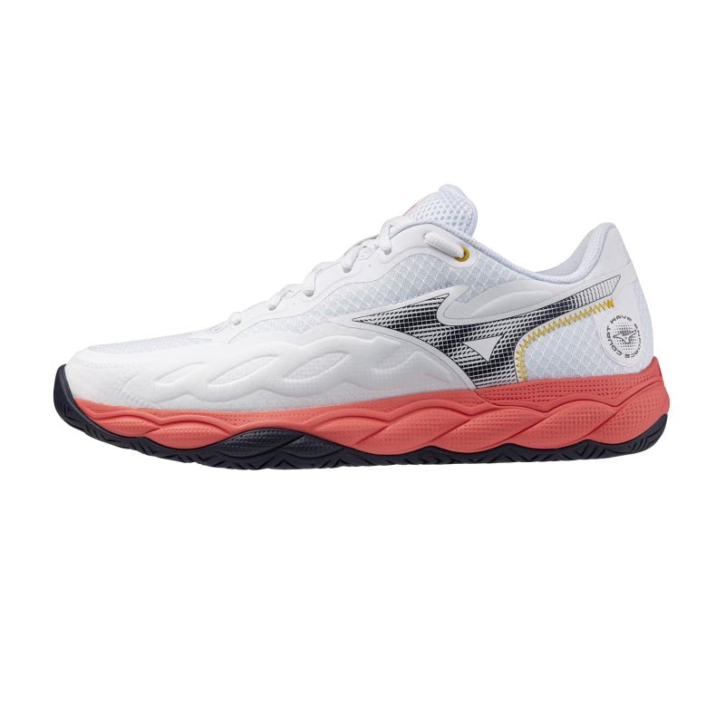 MIZUNO WAVE ENFORCE COURT AC MEN’S Tennis Shoes – White/Baritone Blue/Calypso Coral