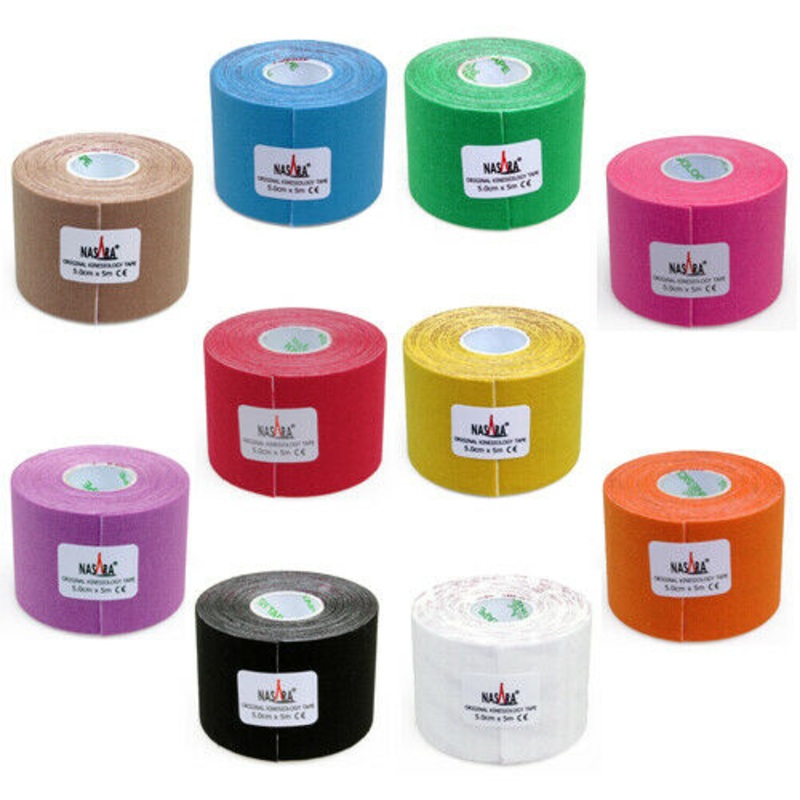 NASARA Plus Kinesiology Tape|Black|Black triangle|Gray triangle|Pink triangle|Purple triangle|Blue/Red|Green|Yellow|Orange|Blue|Lavender|Black/Yellow|Purple|Orange-2|Blue-2|Blue water droplets|Red|Green/Orange (ND104)|Purple/Orange (ND103)|Rose Pink|Beige
