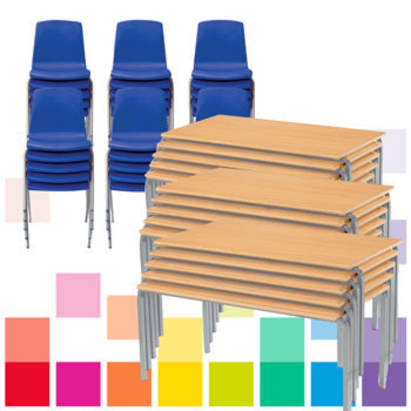 STACKING TABLES & CHAIRS CLASS PACK, RECTANGULAR, 1100 x 550mm depth, Sizemark 3 – 590mm height, Red, Smartbuy